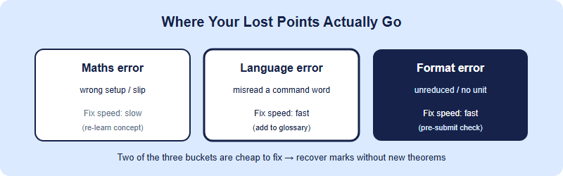 Sorting lost Math League points into maths, language and format buckets, and how fast each is to fix