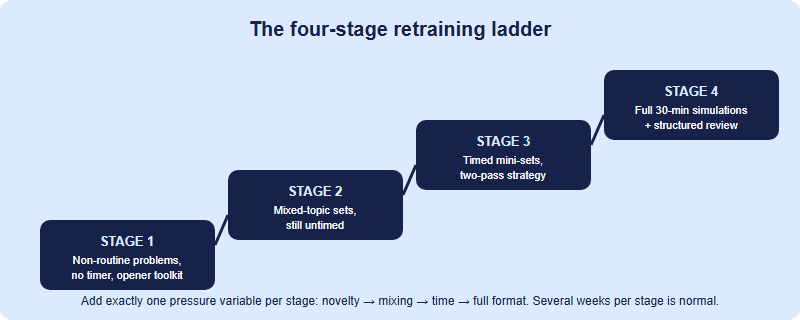 Four-stage retraining ladder: stage 1 untimed non-routine problems, stage 2 mixed-topic sets untimed, stage 3 timed mini-sets with two-pass strategy, stage 4 full 30-minute simulations with review