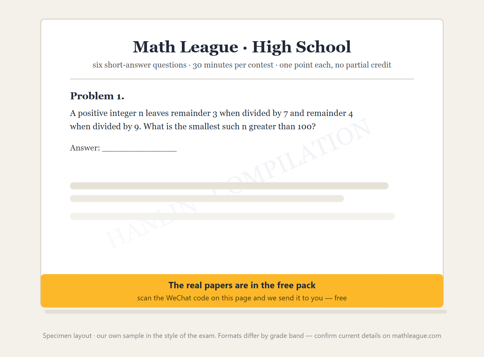 Specimen layout of a compiled Math League high-school paper: six short-answer questions in 30 minutes, one point each with no partial credit, showing a sample question written in the style of the exam. Formats differ by grade band.