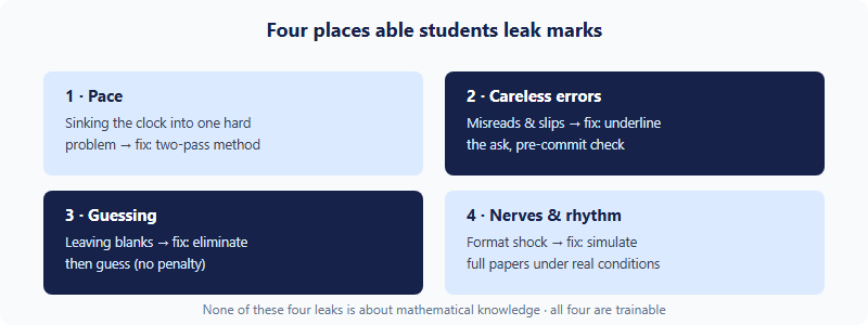 The four point-leakage areas for able Math League students: pace, careless errors, guessing, and nerves