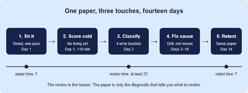 Five-stage practice loop: sit the paper timed, score it cold, classify every error, fix the cause, then retest the same paper on day fourteen