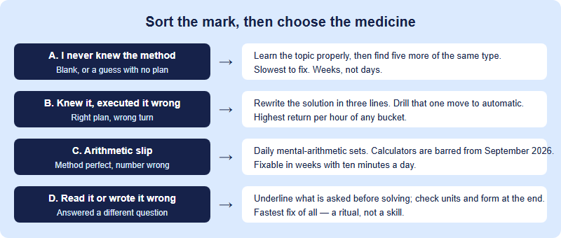 Four error buckets mapped to their fixes: unknown method needs teaching, known but misexecuted needs drilling, arithmetic slip needs number fluency, reading or format error needs a checking ritual